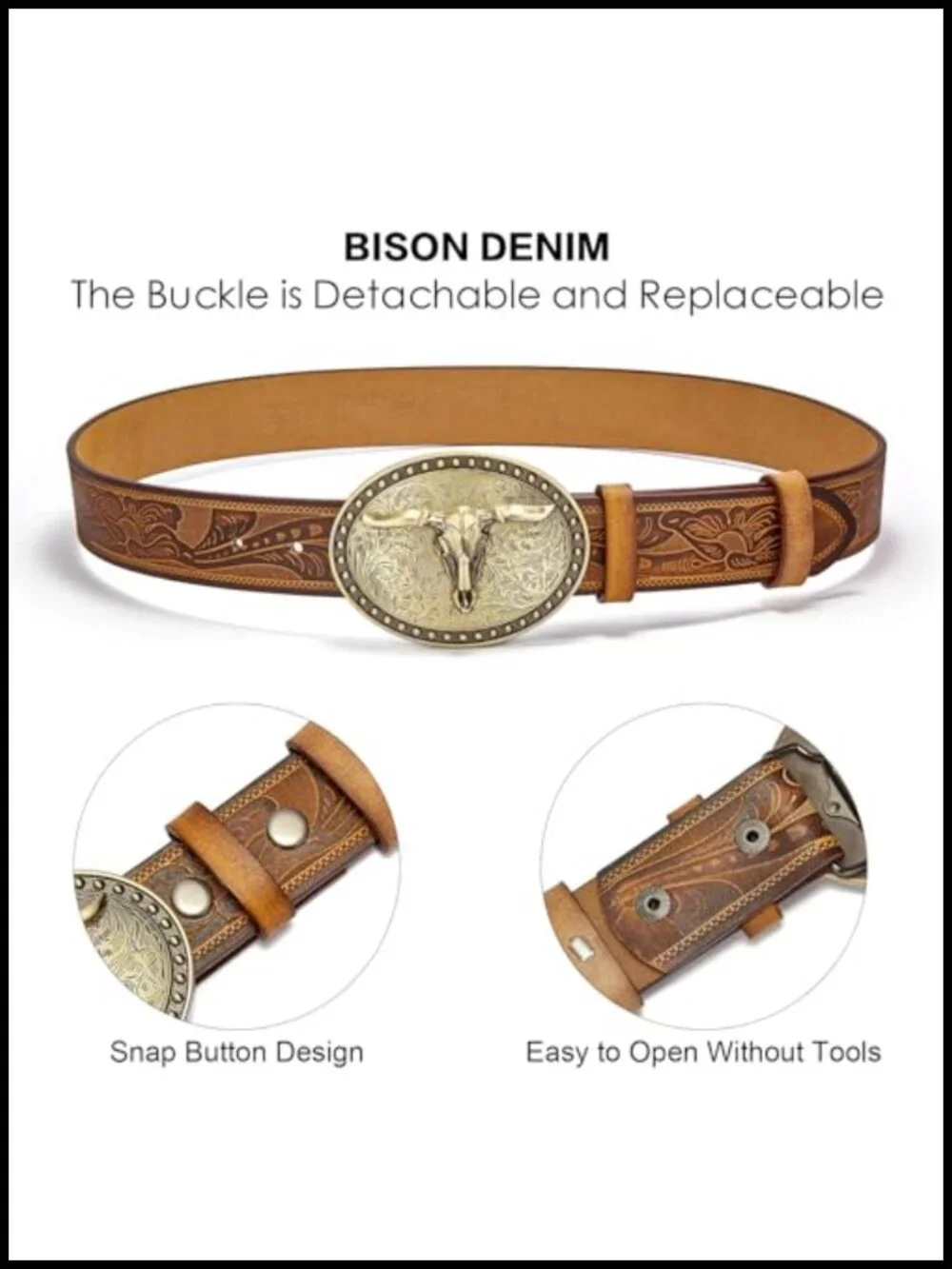 Western Cowboy Leather Belt with Embossed Pattern & Horn Buckle